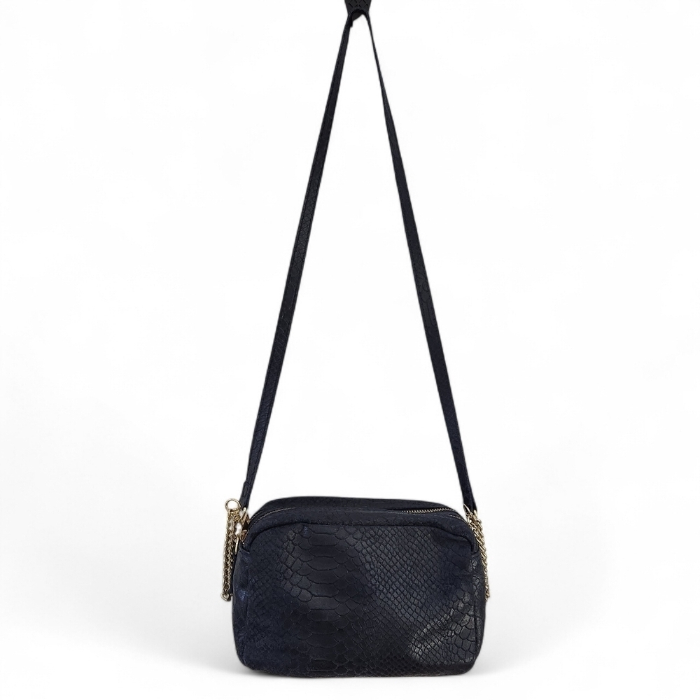 Dark Navy Genuine Leather Crossbody Bag – Python Texture Double-Zip - Picture 2 of 14